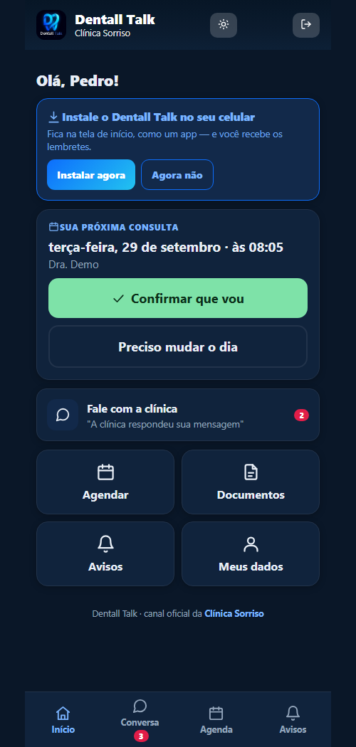 Tela inicial do app do paciente com a próxima consulta e os atalhos